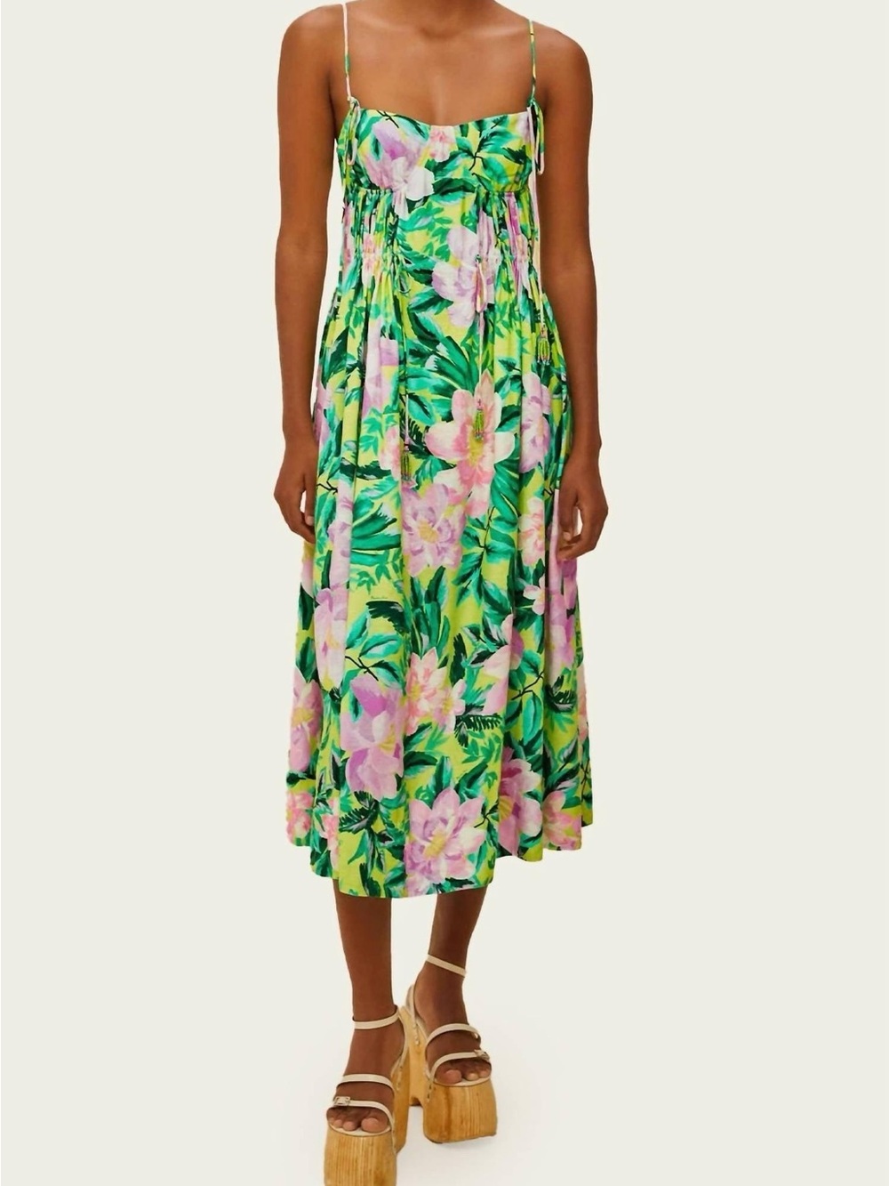 FARM Rio Green Floral Midi Dress with Pink Blooms